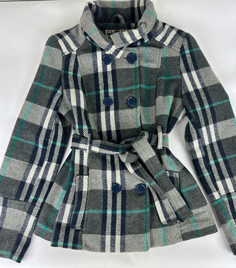 Vintage Y2K Wet Seal Wool Blend Plaid Belted Pea Coat Gray Teal Blue Jacket - M
